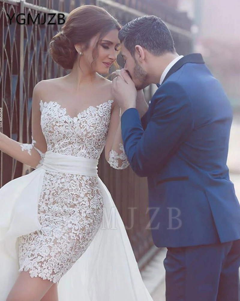 Elegant Short Lace Wedding Dresses 2022 Sheath V-Neck Detachable Train Appliques Lace Bridal Wedding Gown Bride Dress Trouwjurk