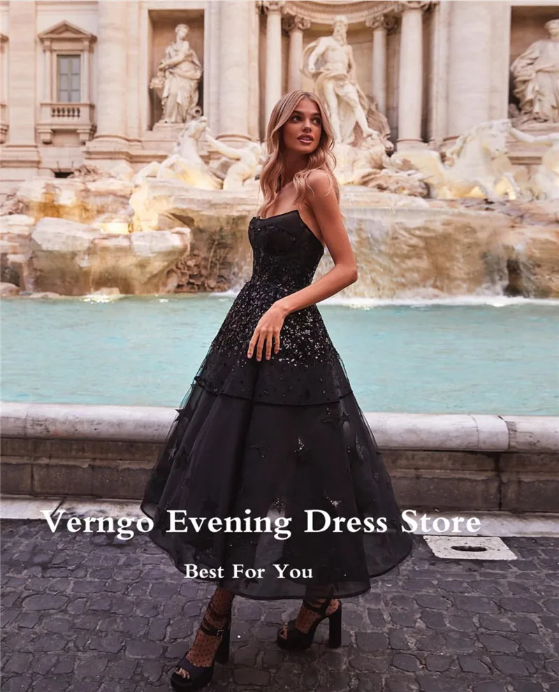 Verngo-vestido de noche negro sin tirantes, falda mullida con patrón de estrellas, cuentas brillantes, vestidos de graduación, vestido de fiesta largo hasta el té