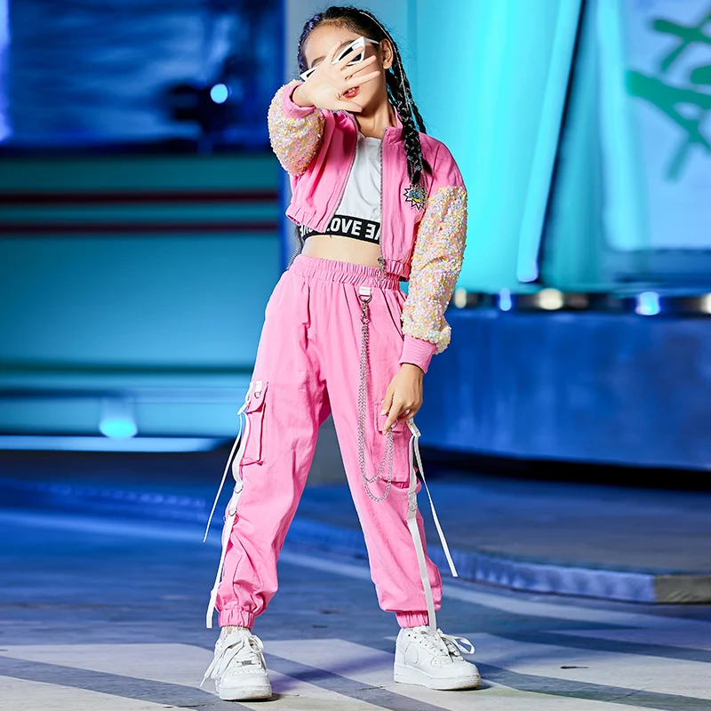 Kids Performance Hip Hop Dancing Outfits Crop Tops Street Wear Cargo Pants Girls Fashion Jazz Dance Wear Costumes Concert Outfit