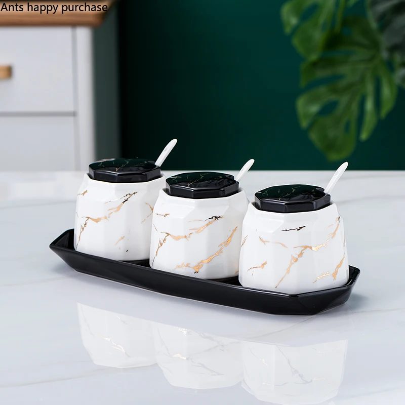 Green White Marbling Spice Jar Suit Combination Ceramics Spice Storage Container Kitchen Tools Seasoning Box Three-piece Suit