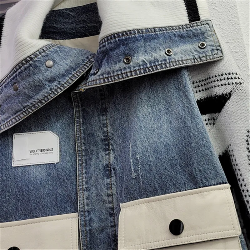 Jeans Jacket Women 2021 Autumn New Big Pocket Knitted Spliced Long Sleeve Lapel Denim Jackets Streetwear Loose Jeans Coat Female