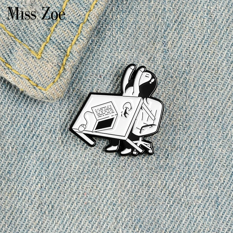 Tired of Working Enamel Pin Custom Black white Brooches Shirt Lapel Bag Crashing Girl Badge Cartoon Jewelry Gift for Friends