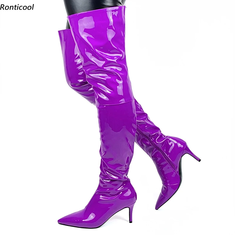 

Ronticool Handmade Women Winter Thigh Boots Patent 8 Cm Stiletto Heel Pointed Toe Red Purple Black Night Club Shoes Us Size 5-15