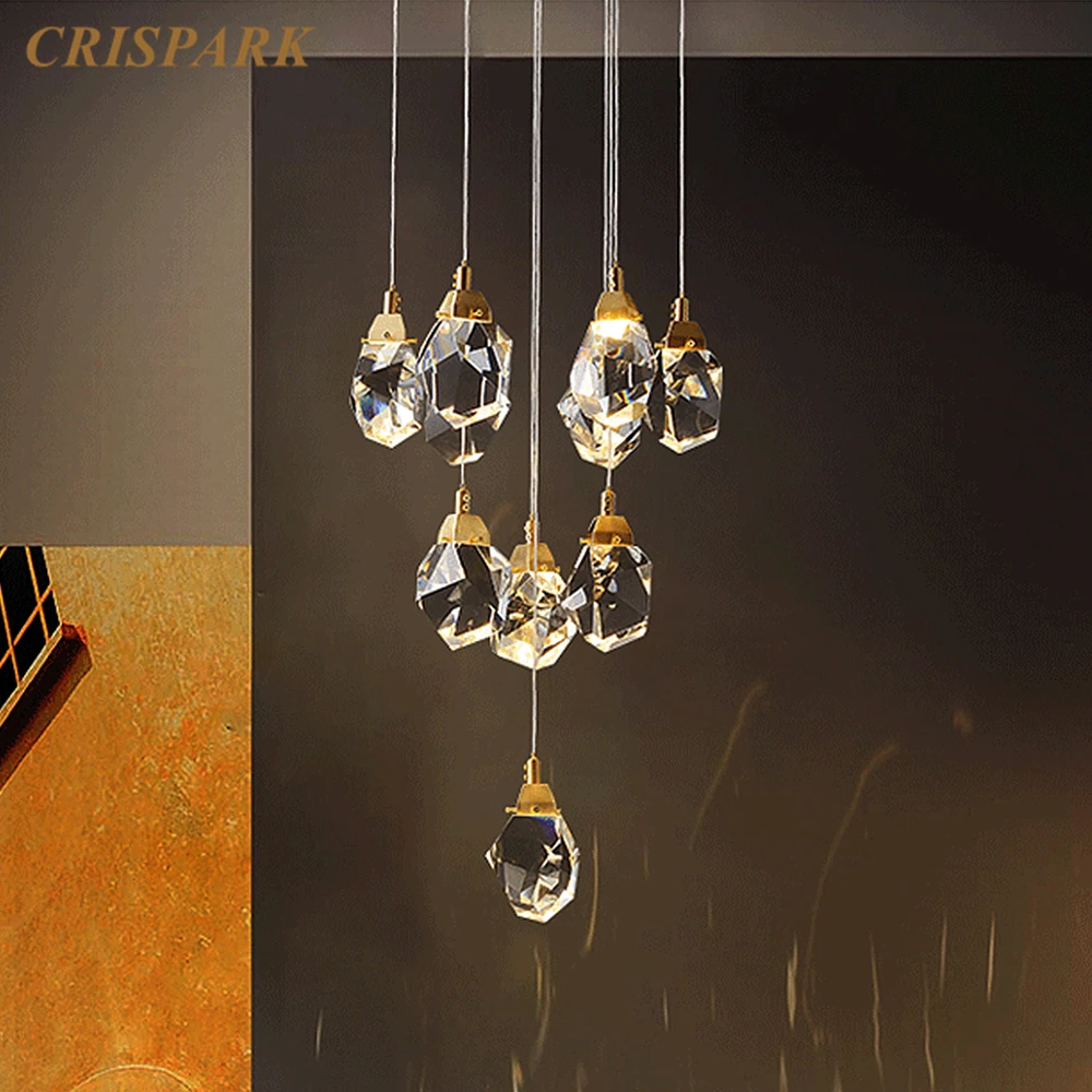 Modern Crystal Ceiling Lamp LED Luxury Brass Stair Ceiling Chandelier Indoor Lighting Cristal Pendant Hanging Light Fixtures