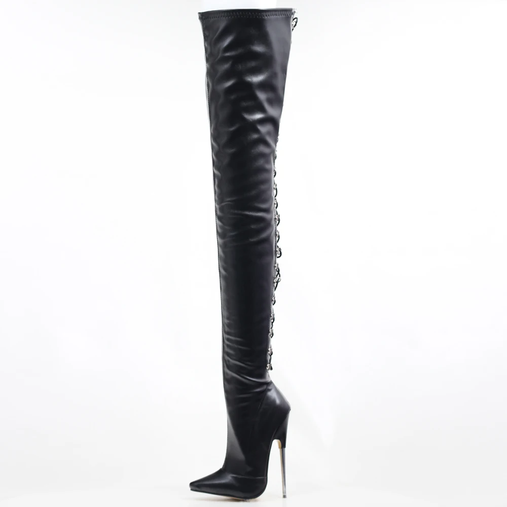 jialuowei Women Boots Sexy 18cm High Heels Metal Thin Heels Woman Pointed toe Cross tied Over Knee Thigh High Dancing Party Boot