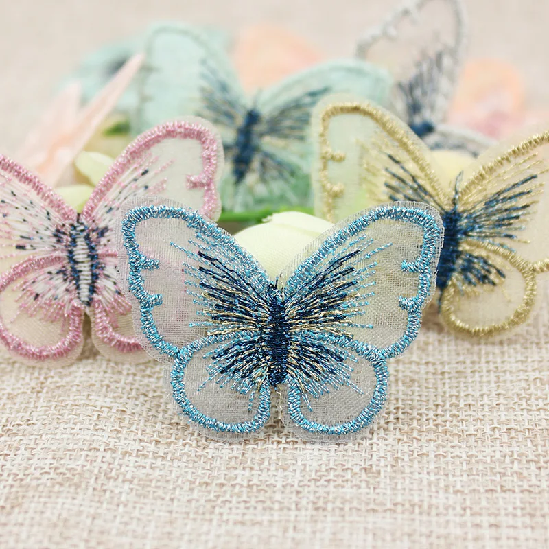 40Pcs 3*4cm Embroidered Mesh Gauze Butterfly Appliques For Headwear Hairpin Crafts Decor Ornament Patches Clothing Accessories