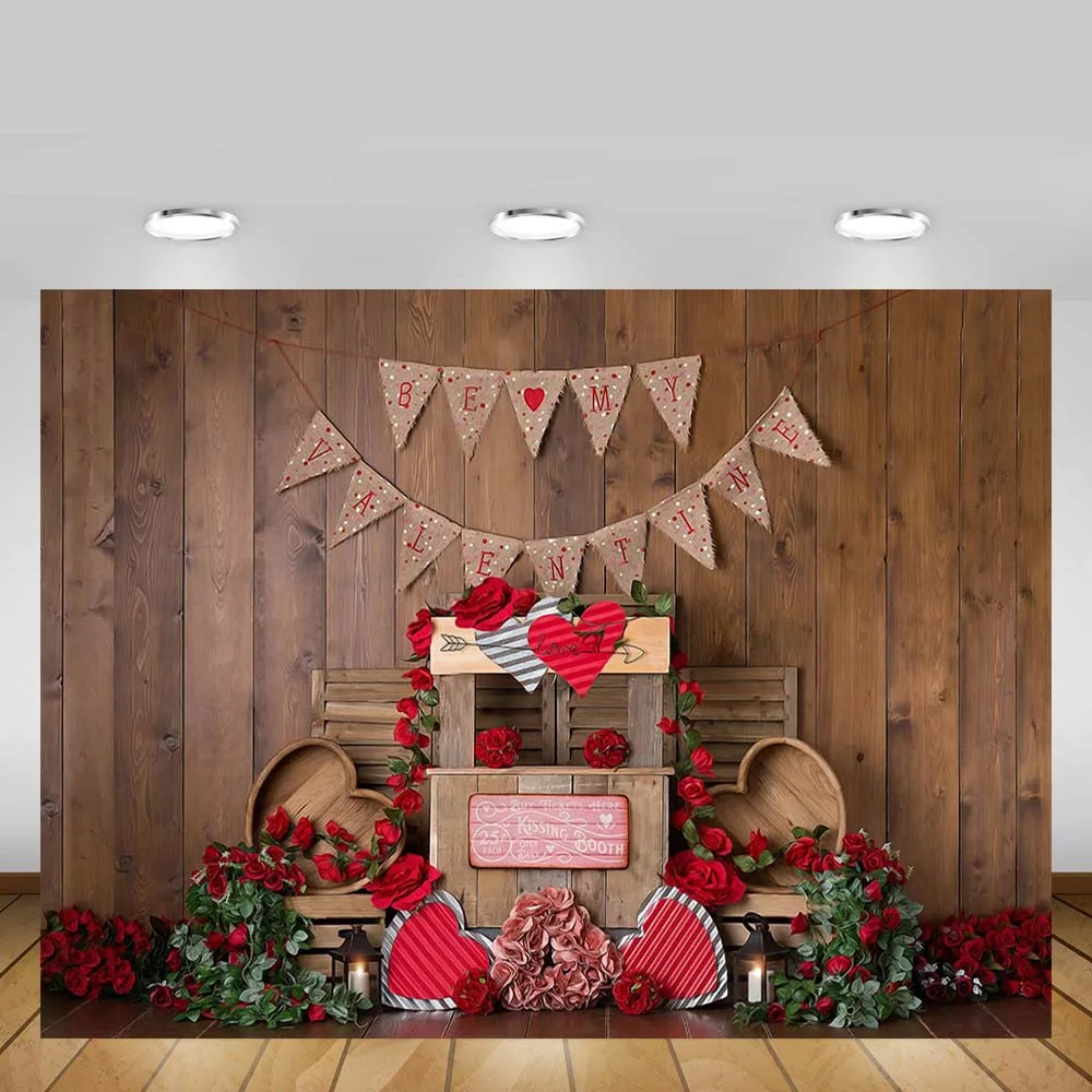 Mehofond Valentine's Day Party Backdrop Wood Wall Red Rose Flower Love Portrait Photography Background Photocall Decor Props