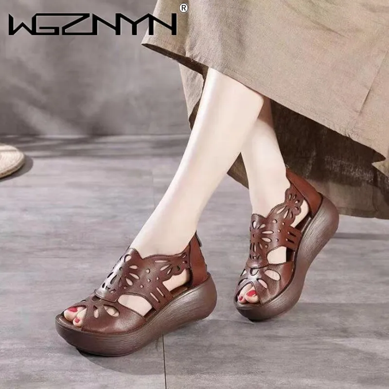 Summer Sandals Women 2023 New Genuine PU Leather Ladies Sandals Platform Women\'s Shoes Casual Retro Open Toe Shoes Sandals Women