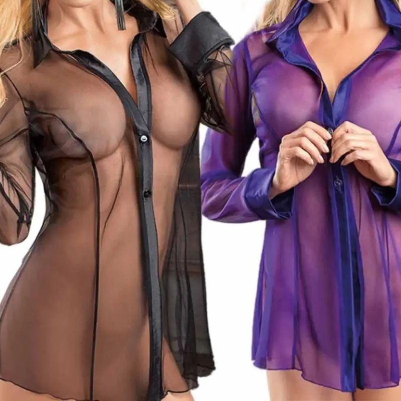 

Women Button Lingerie Dress Transparent Clubwear Stripper Long Sleeve Blouse New