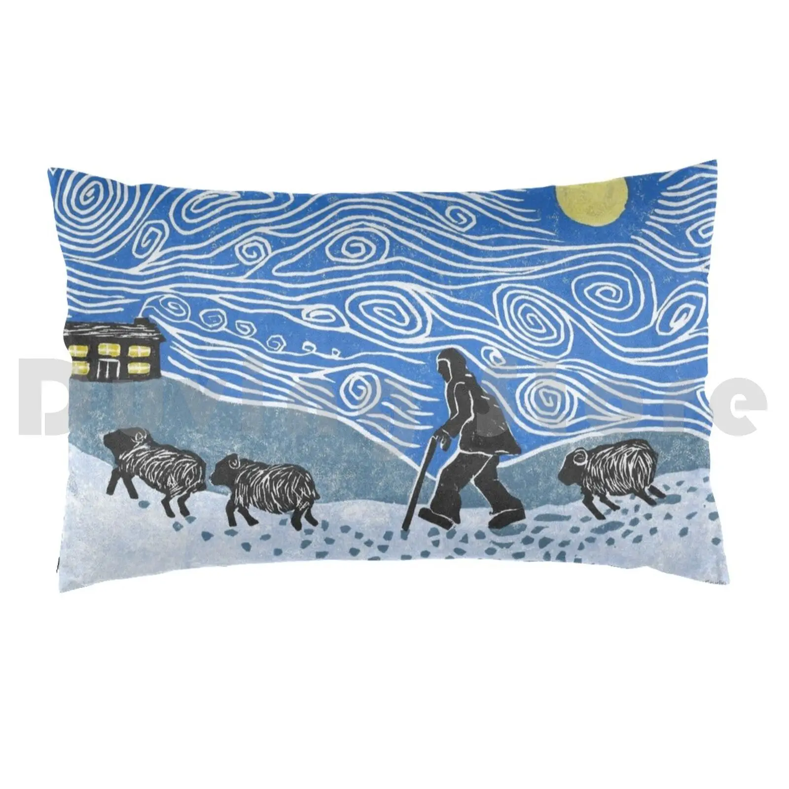 Headed Home Shepherd Leading Sheep Home Pillow Case DIY 50*70 Farming Sheep Shepherd Moon Winter Home Snow