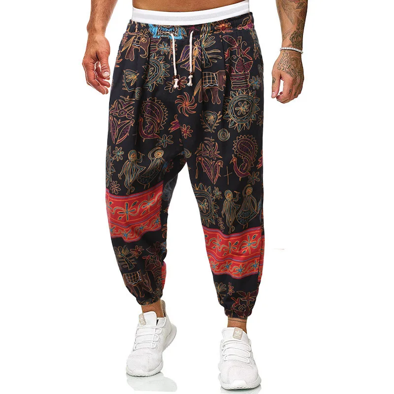 Mens Linen Baggy Hippie Boho Yoga Harem Pants African Pattern Print Drop Crotch Joggers Sweatpant Men Trousers African Clothes