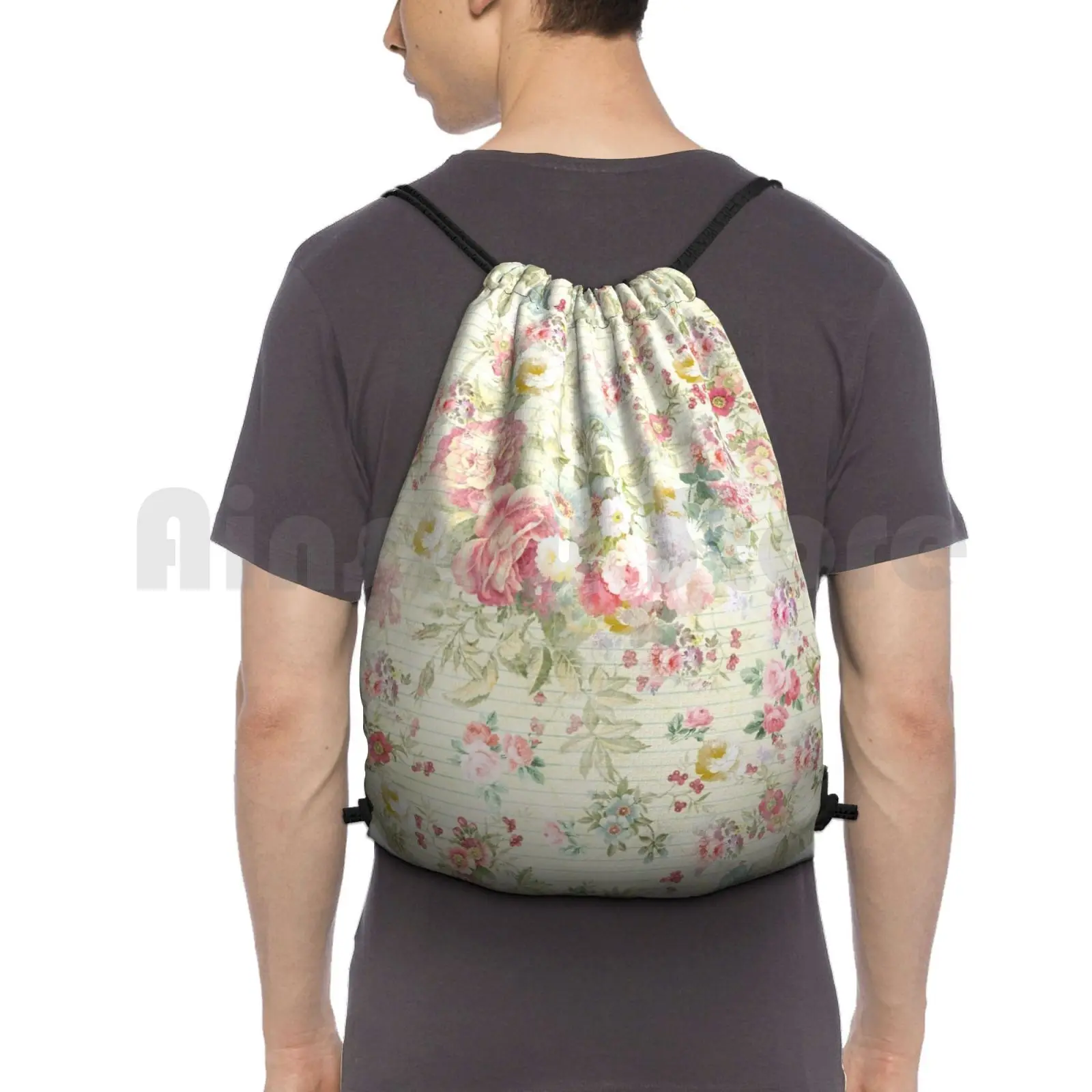 

Vintage Pink Pastel Floral Pattern Backpack Drawstring Bags Gym Bag Waterproof Vintage Pink Green Flowers Roses Chic