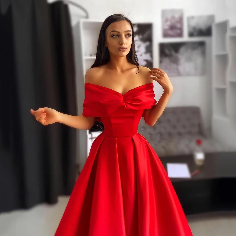 Czerwona linia satynowa formalna suknia wieczorowa elegancka Off The Shoulder Prom suknia wieczorowa dubaj muzułmańska szata De Soiree Vestidos