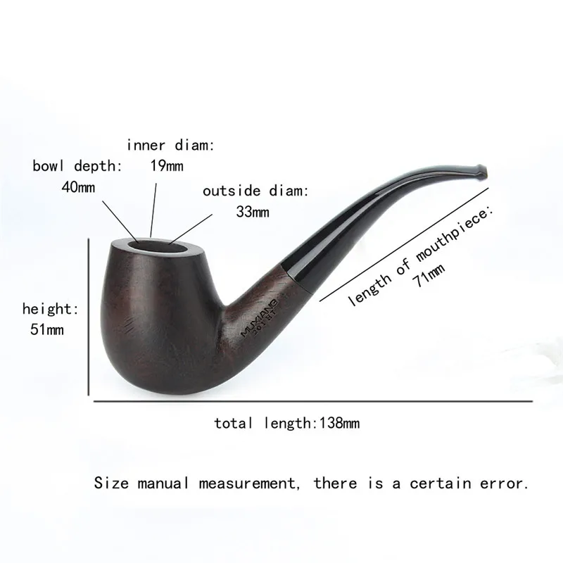 RU-Classical Ebony Wood Tobacco Pipe 9mm Active Carbon Filters Handmade Bent Stem Smoking Pipe with 10 Cleaning Tools Kit ac0020