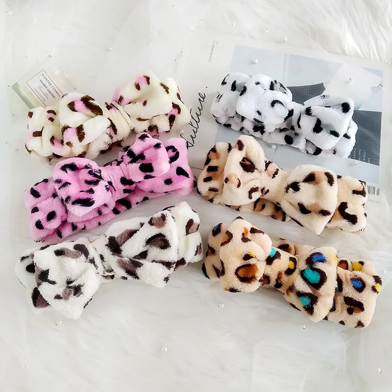 Leopard Print Versatile Girl Headwear Soft Skin Care Coral Fleece Shower Facial Make Up Bow Knot Lady Gym Sports Headbands