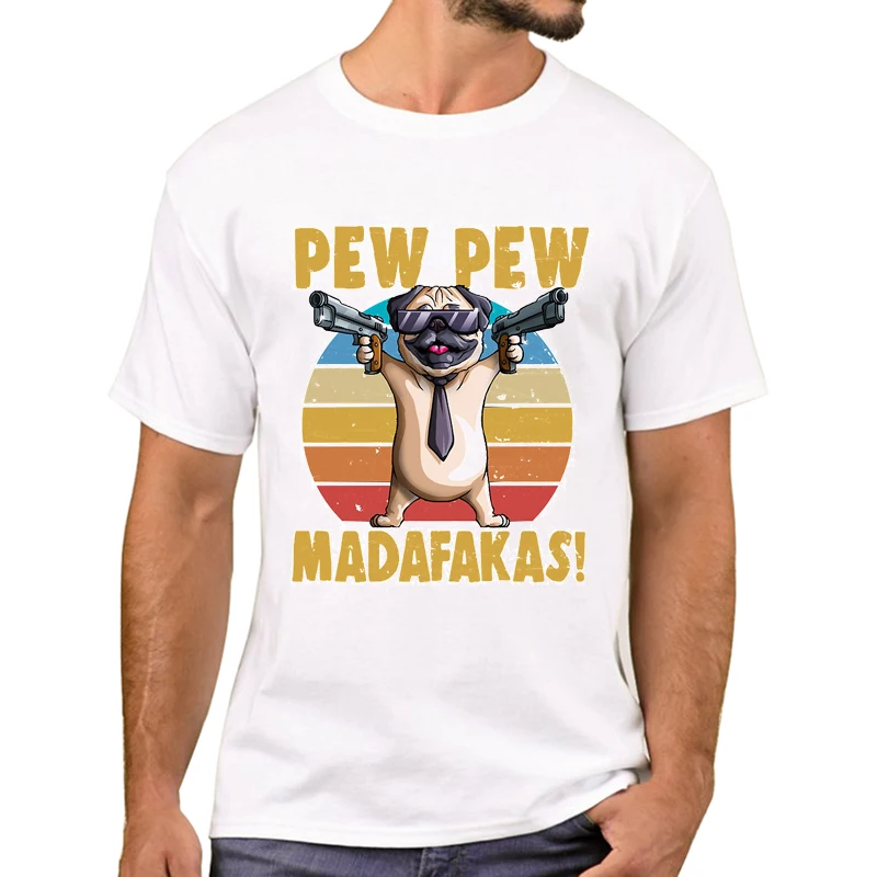 TEEHUB Newest Dog Pew Madafakas Men T-Shirt Vintage Pug Gun Pew Printed T Shirts Short Sleeve Hipster Tshirts Retro Pug Tee