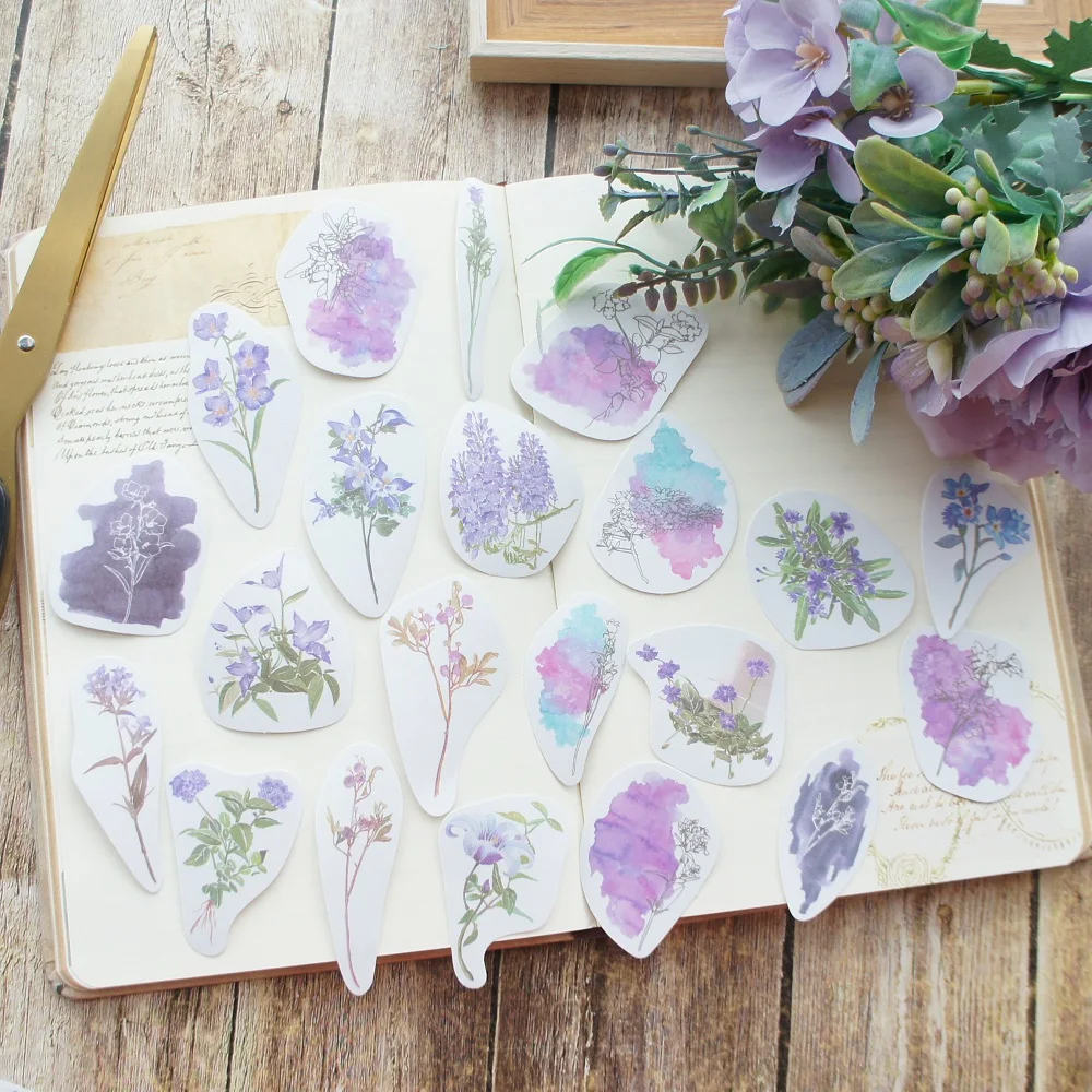 38pcs Purple Flower Watercolor Irises Style Paper Sticker Scrapbooking DIY Gift Packing Label Decoration Tag