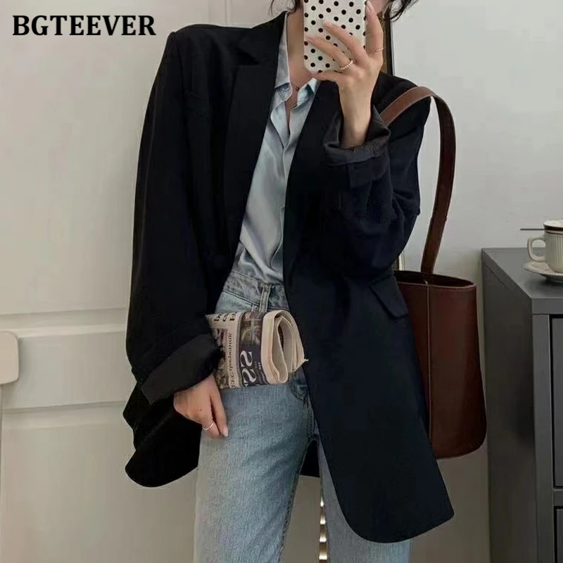 BGTEEVER New Spring Autumn Loose  Women Jacket Blazer Casual Notched Collar Long Sleeve Female Jackets 2021 Ladies Suit Coats