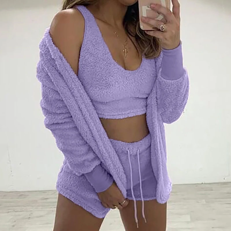 Women Three Piece Sexy Fluffy Outfits Plush Velvet Hooded Cardigan Coat Shorts Crop To Tracksuit Sets Casual Sports Sweatshirt