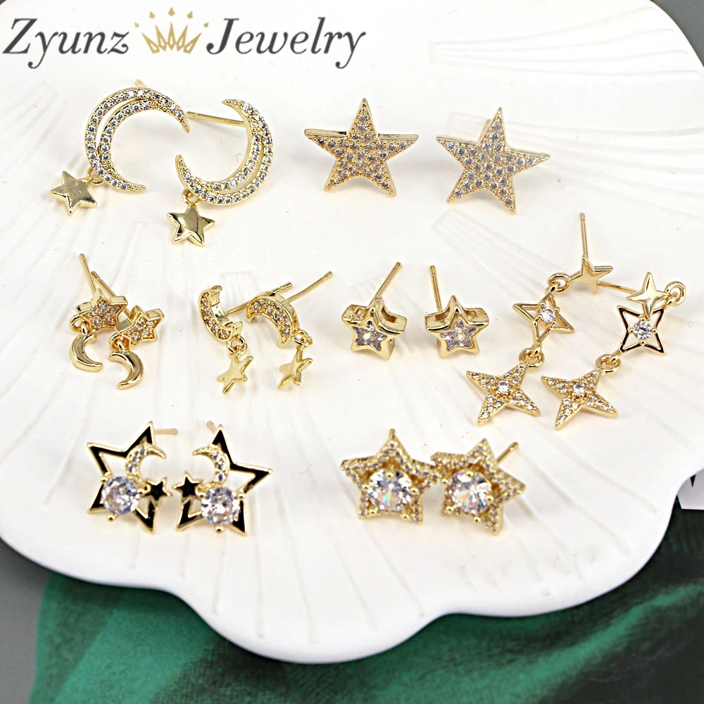 5 Pairs, Gold Tiny Zircon CZ Star Moon Stud Earring Piercing For Woman Girls Luxury Crystal Fashion Jewelry Wedding Accessories