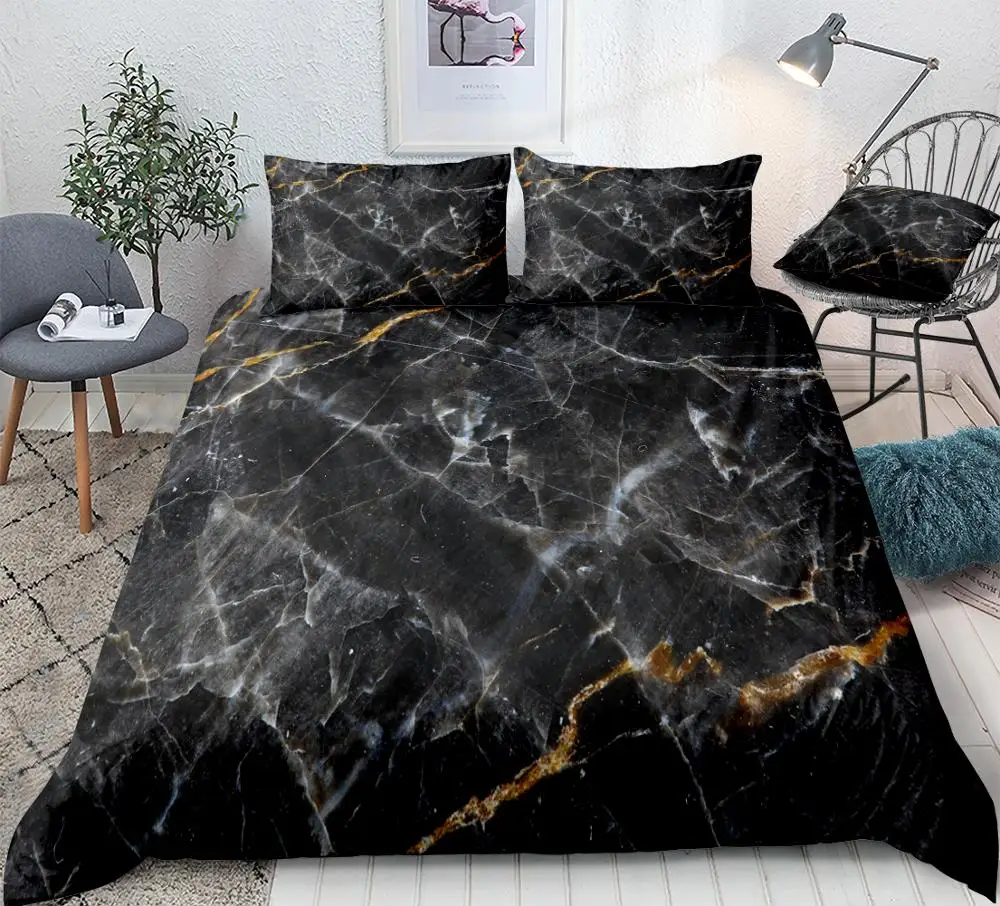 Marble Duvet Cover Set Black Gold Bedding Set Marble Abstract Art Design Boys Girls Home Textiles King Quilt Cover 3PCS Dropship