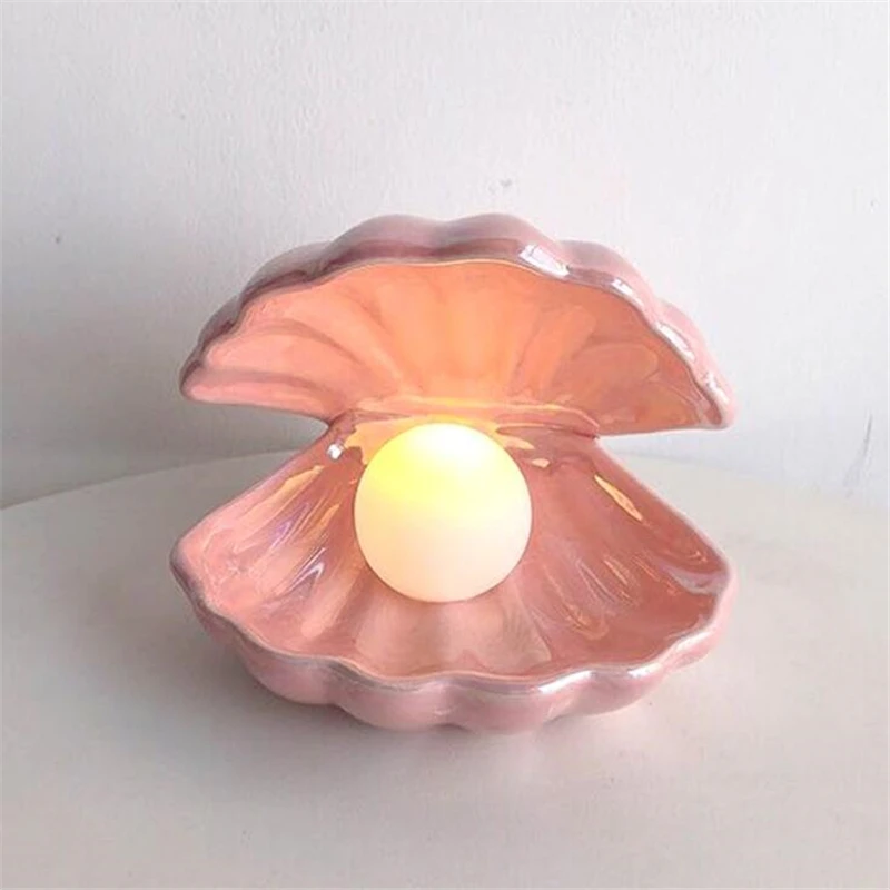 Christmas Pink White Shell Pearl Night Light Ceramic Material Fairy Shell Bedside Night Lamp Romantic Decorate Battery Lamp