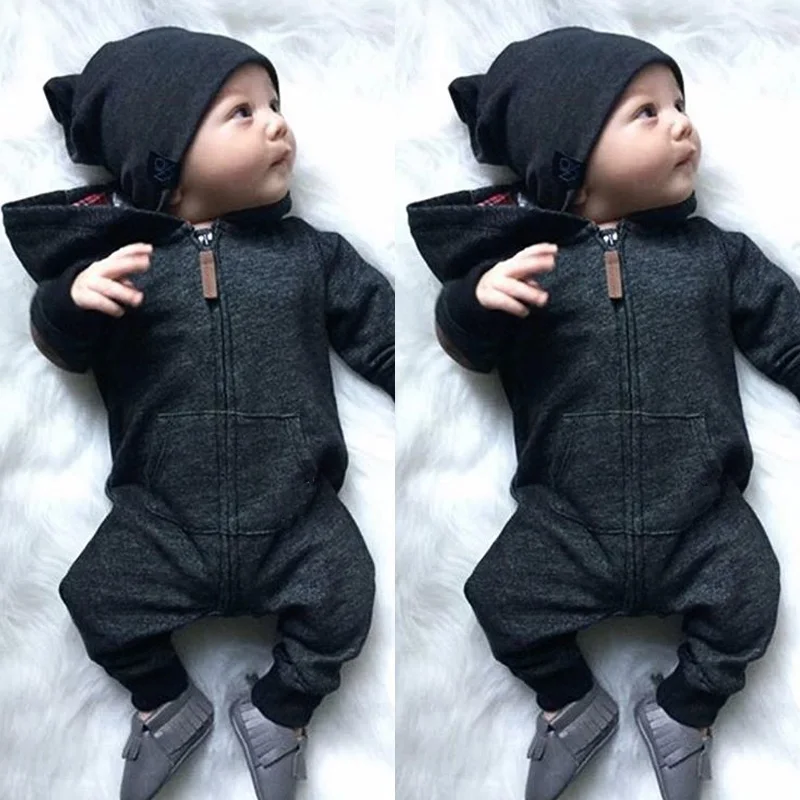 Infant Newborn Baby Boys Girl Rompers Long Sleeve Zipper Gray Cotton Hoodie Romper Jumpsuit Clothes Outfits