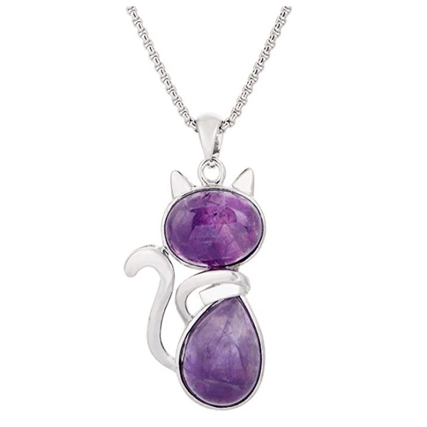 

FYJS Unique Silver Plated Cute Cat Shape Pendant Natural Purple Amethysts Necklace Stone Jewelry