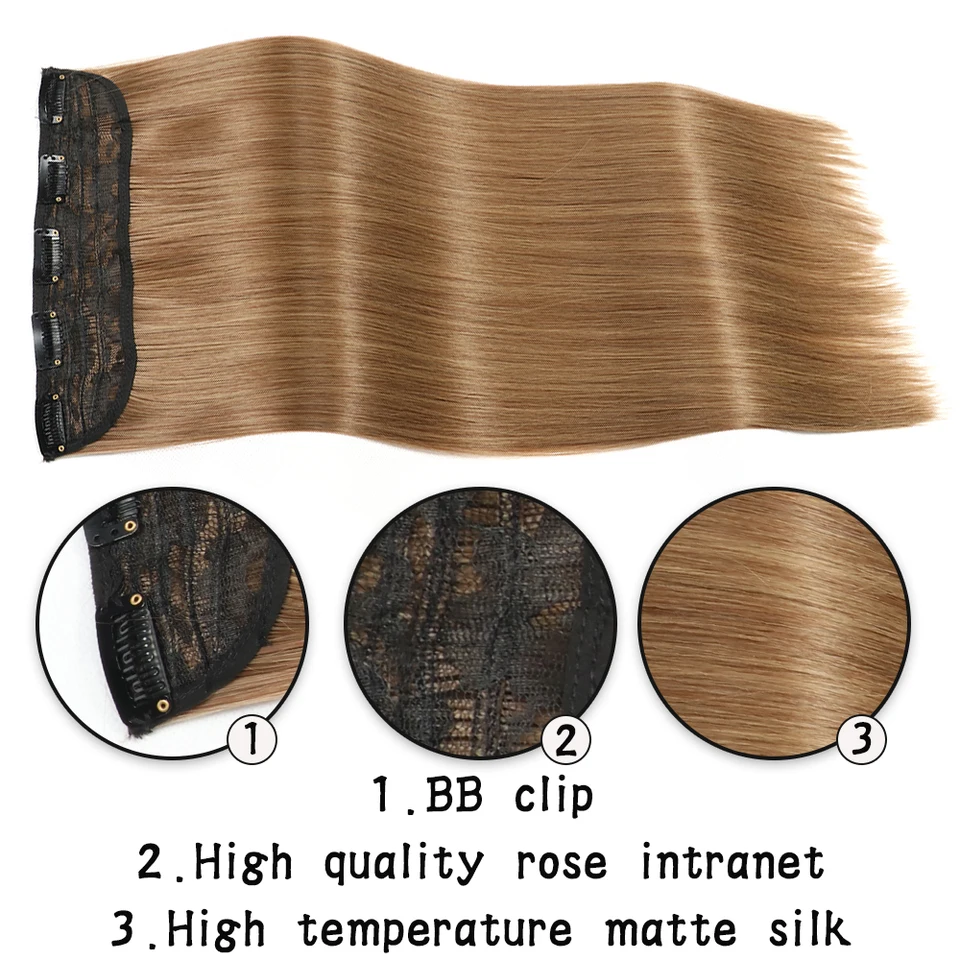 Extensión de cabello sintético liso de una pieza con 5 clips, rubio o marrón oscuro, resistente al calor 3
