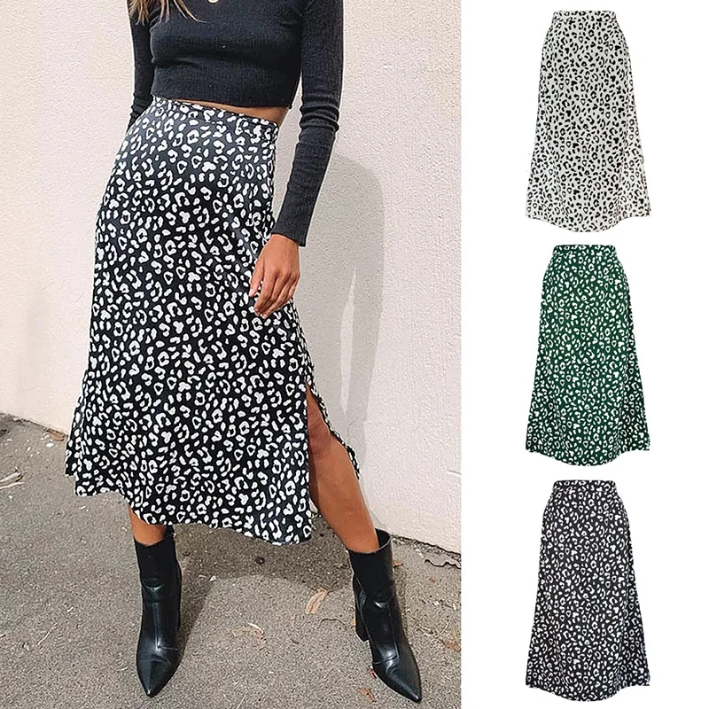 New Sexy Leopard Print Chiffon Split Skirt Casual Fashion Long Skirts for Women Spring Summer Zip Elegant Female Skirt