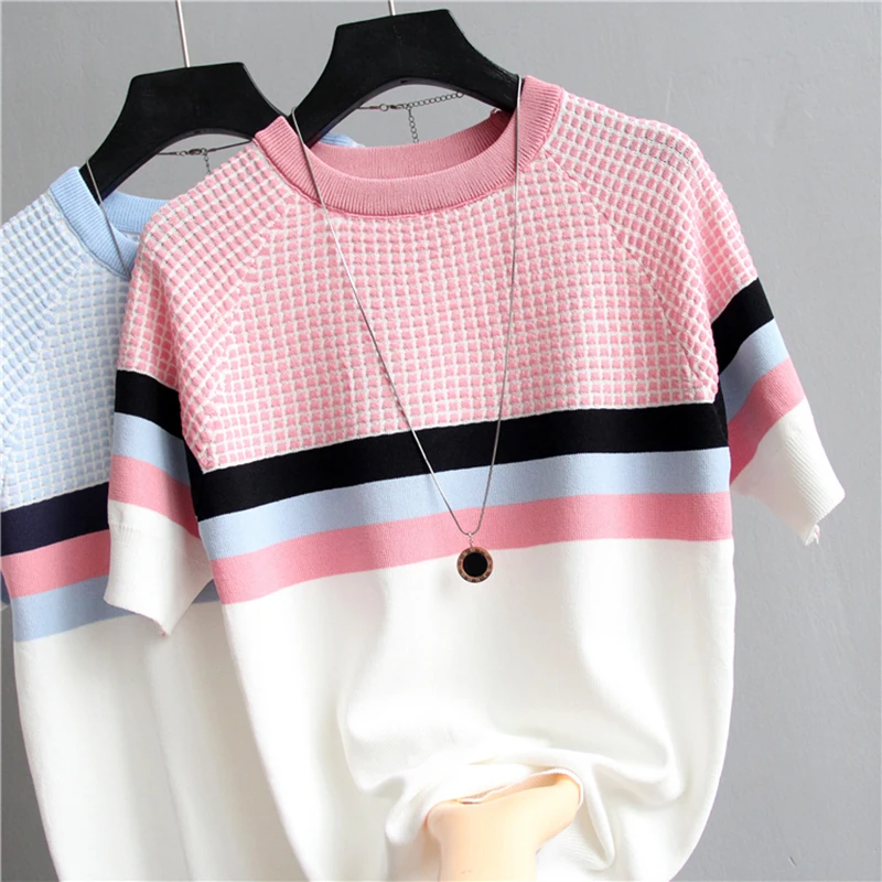 Knit Plaid Summer Short Sleeve Striped Pullover Women Sweater Knitted 2024 Sweaters Tops Korean Fashion Pull Femme Jumper Female