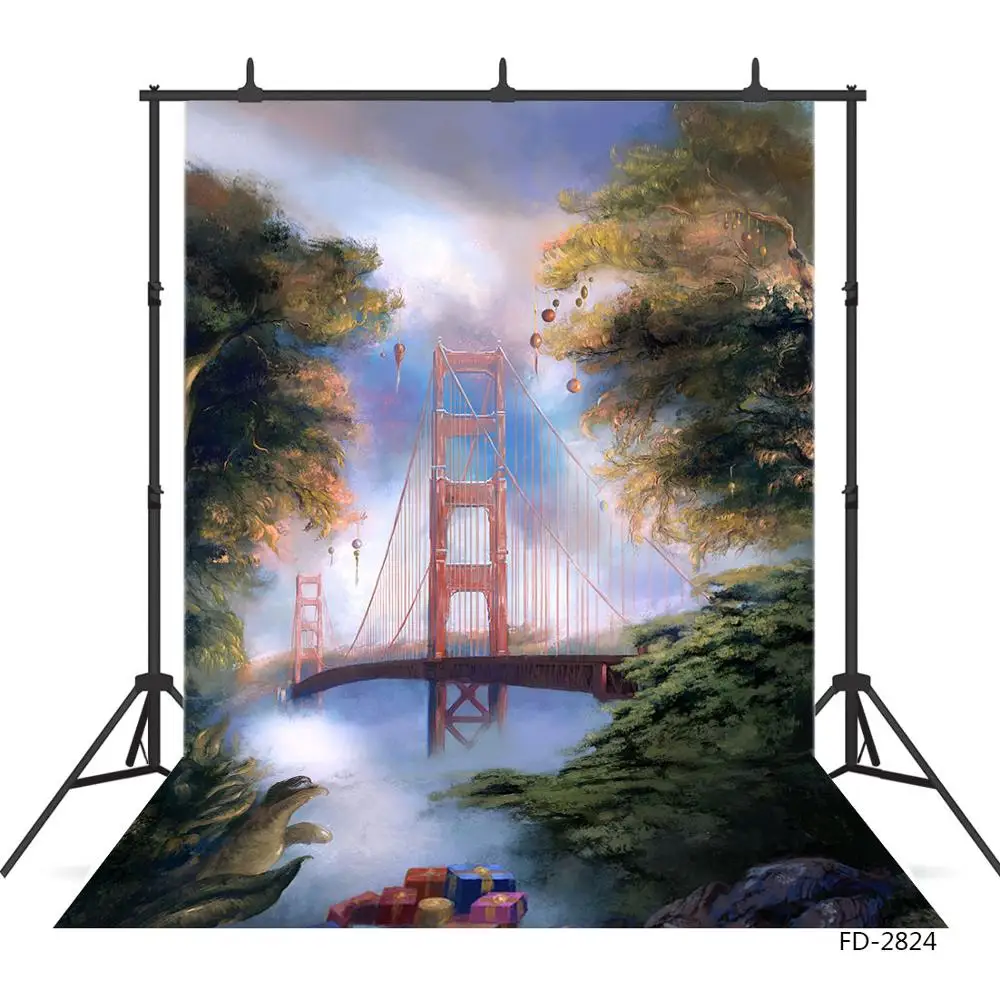 Bridge Gifts Trees Decor Paint Christmas Photography Backdrop Vinyl Cloth Backgrounds for Baby Children Photocall Photobooth