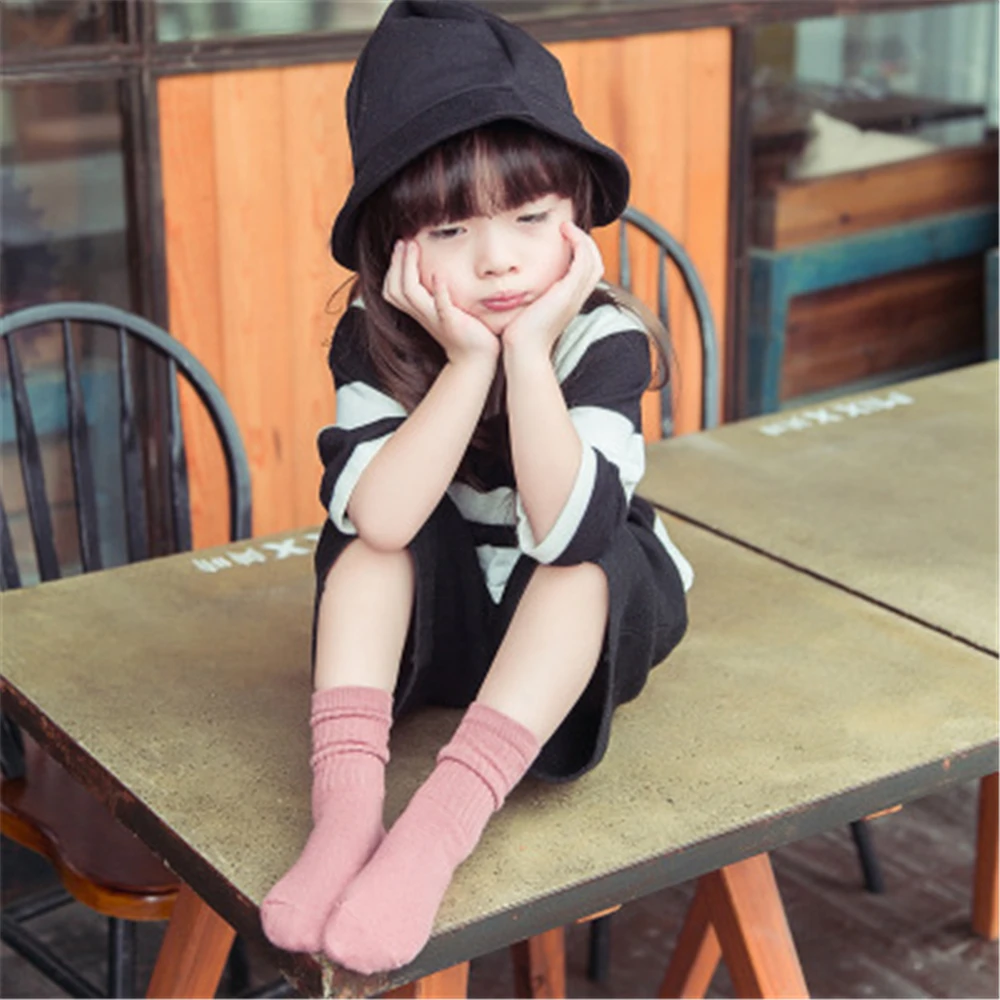 Plain two-needle thick cotton socks, vertical stripes, crimped hem stacks, children's socks CS009