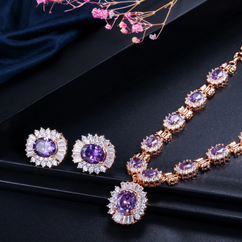 Threegraces Luxury Gold Color Oval Dark Bule Cubic Zirconia Stone Earrings Necklace Dubai Bridal Jewelry Sets for Women JS173