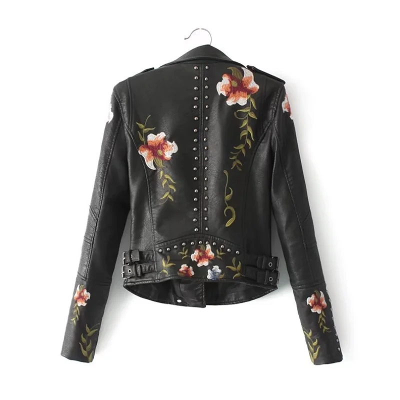 Women Print Embroidery Faux Soft Pu Leather Jacket Coat Turn-down Collar Casual Motorcycle Black Punk Outerwear