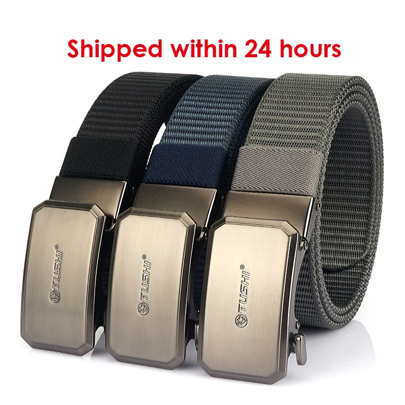 HSSEE 3.4cm Men's Casual Belt Silver Alloy Automatic Buckle Tactical Outdoor Belt Thick Nylon Jeans Waistband Black Girdle Male