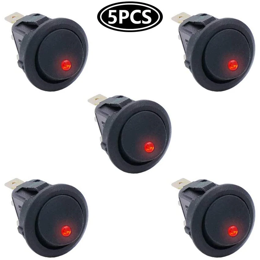 5Pcs 3 Pin 12V 20A Amps Car Truck Rocker Round Toggle LED Switch On-Off Control Red