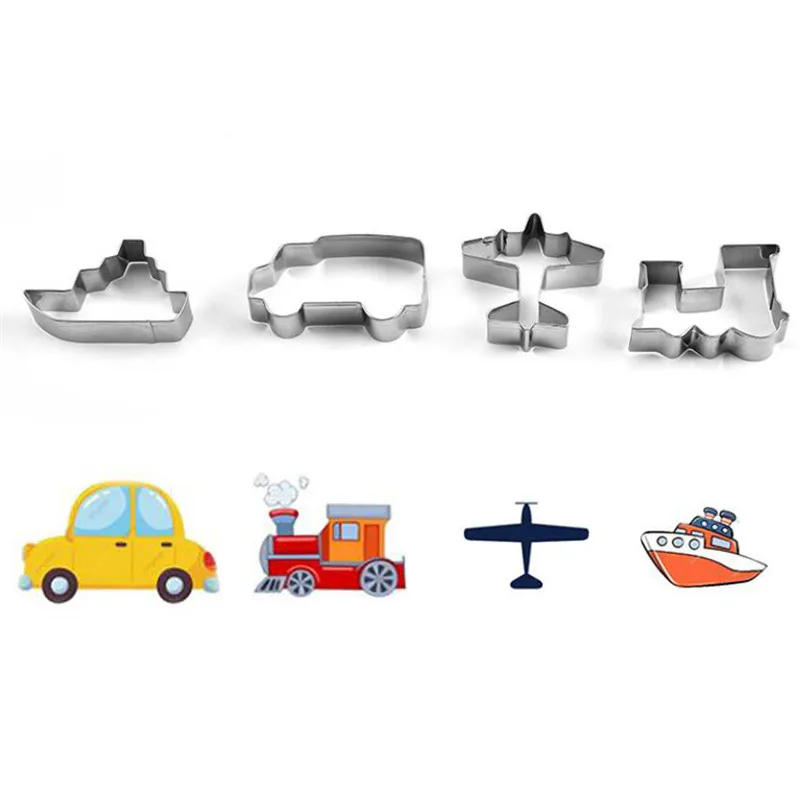 4pcs Stainless Steel Vehicle Cookie Cutter Car Train Ship Candy Biscuit Mold Cooking Tools Pastry Cake Fondant Cutters Mould