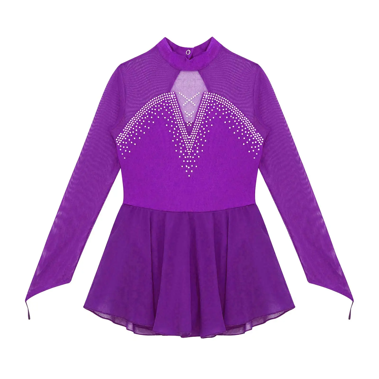 Kids Girls Ice Skating Dress Round Collar Hollow Back Sparkly Mesh Splice Roller Skating Ballet Dance Gymnastics Leotard Dress