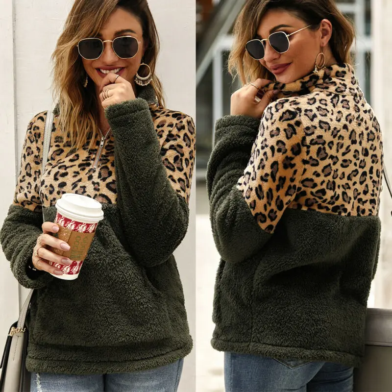 2019 Winter Fleece Sweater Fashion Leopard Patchwork Fluffy Thick Sweaters Warm Zipper Pullovers Women Winter Coat Sherpa Tops