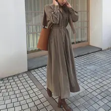 V-neck long dress with belt for women #3