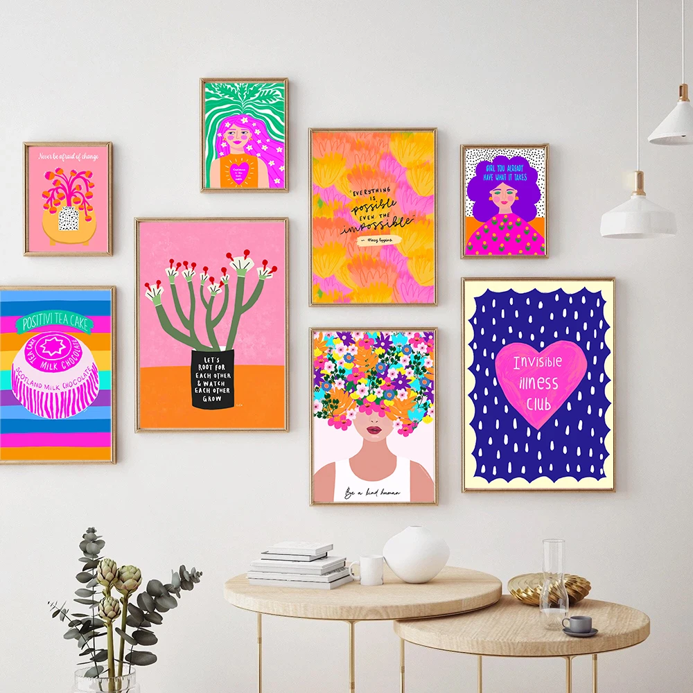 Positive Kind Girl Quote Poster Wall Art Print Abstract Pink Flower Canvas Painting Colorful Boho Living Room Home Decor Picture