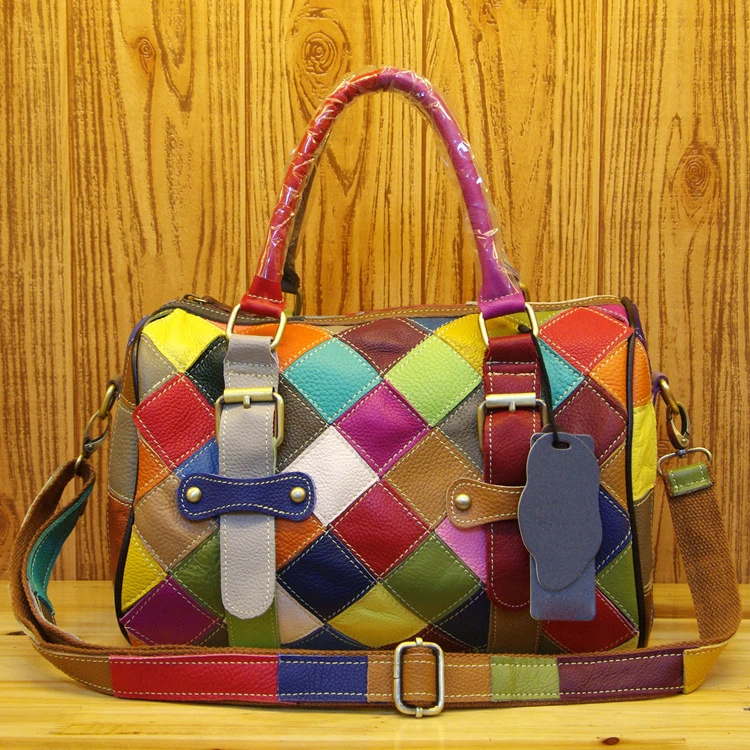 Real Leather Women\'s Casual Multi-color Plaid Stitching Handbag Fashion Colorful Random Spliced Messenger Shoulder Tote bag Q216