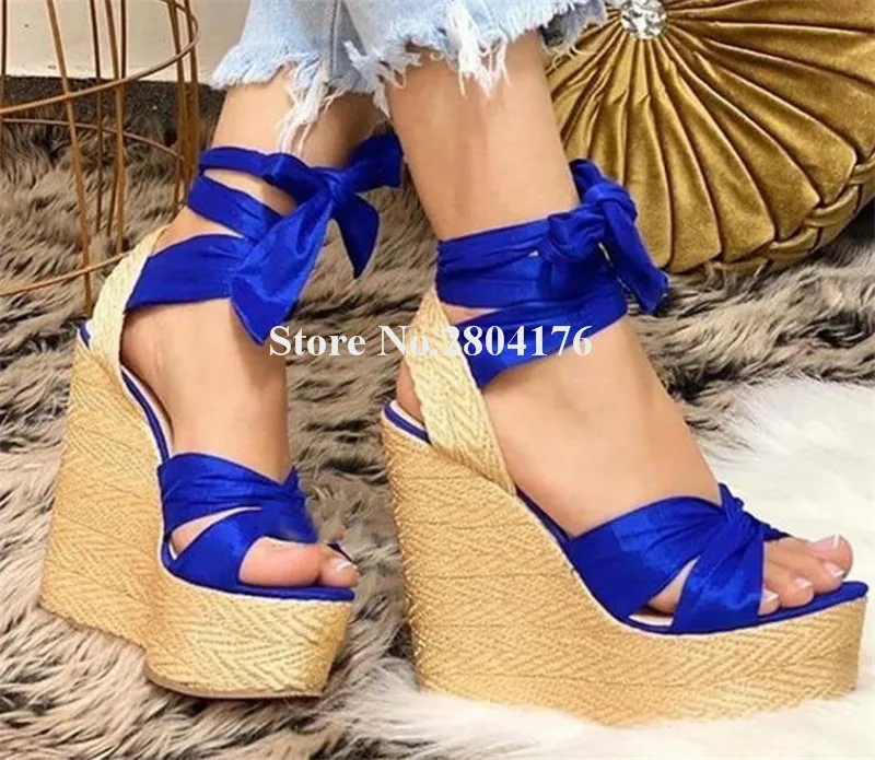 

Women Chamring Open Toe High Platform Wedge Sandals Blue Wine Red Satin Straps Cross Height Increased Heels Big Size Wedges