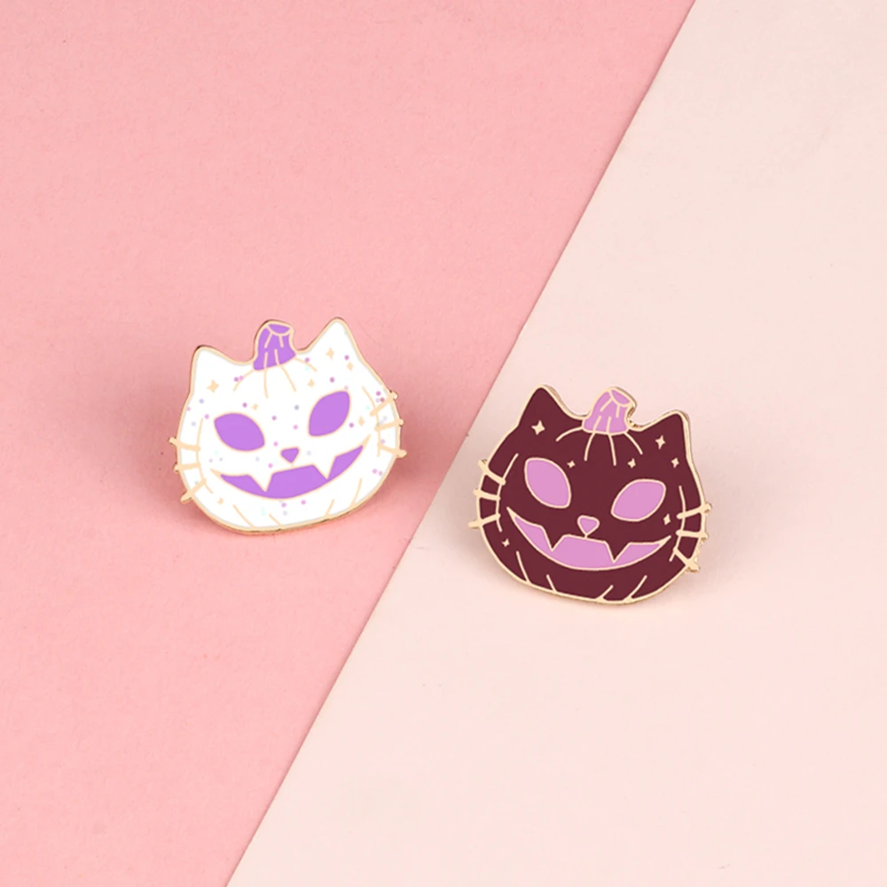 Funny Pumpkin Cat Alloy Purple White Brooches Halloween Cartoon Enamel Pin Badges Backpack Gift For Friend Kid Wholesale Jewelry