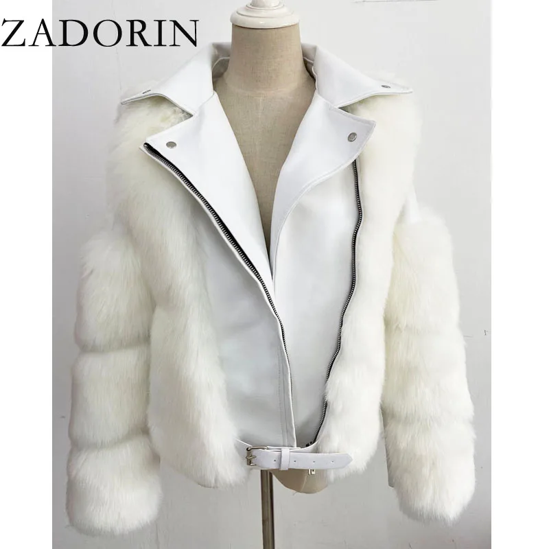 ZADORIN Top Fashion Luxury FAUX Fox Fur Coat Motorcycle PU Leather Turn Down Collar Warm Faux Fur Jacket Women Autumn Winter New