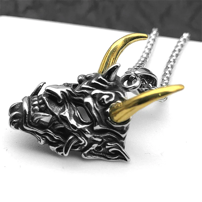 Retro Gothic Punk Necklace Prajna Ghost Demon Fang Mask Mens Titanium Steel Necklace Monster Skull Pendant Jewelry Gift
