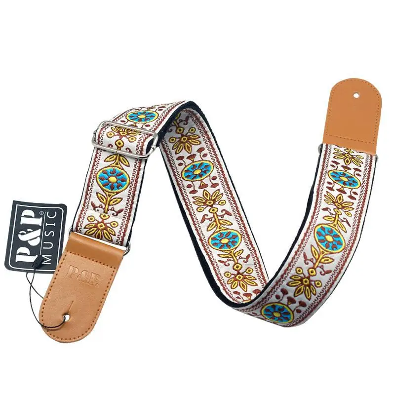 Guitar Strap Embroidery Belt Adjustable Jacquard Band with Leather End for Bass Acoustic Electric Folk Guitar Musical Instrument