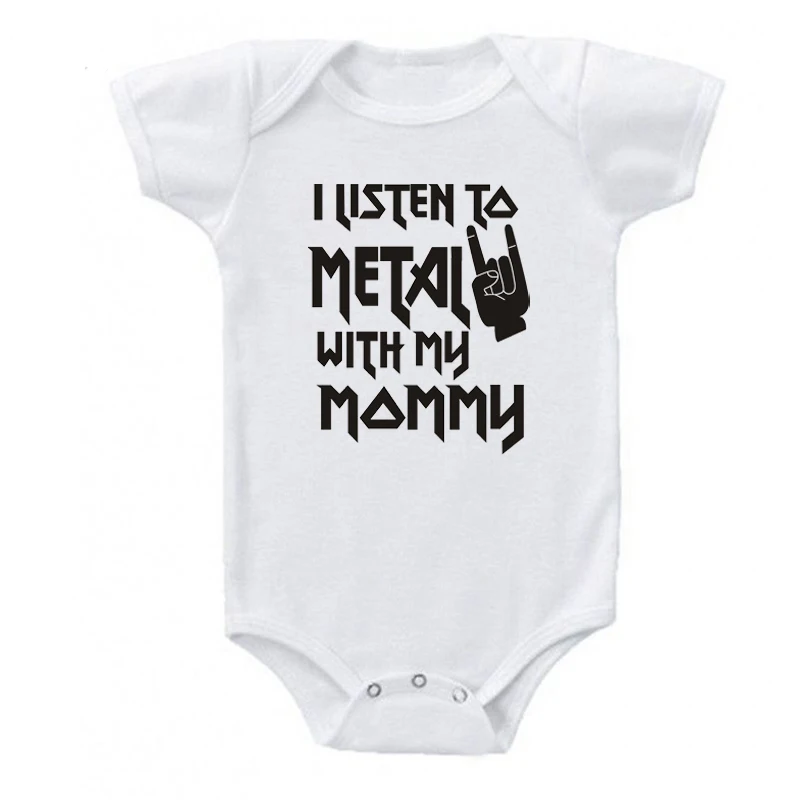 I Listen to Metal with My Mommy Funny Letters Print Newborn Baby Bodysuit Short Sleeve Body Baby Boy Girl Onesie Romper Clothes