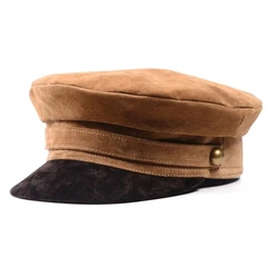 Fashion Unisex Real Leather Military Hat Autumn Sailor Hats for Women Men Flat Top Female Male Travel Cadet Hat Captain Cap